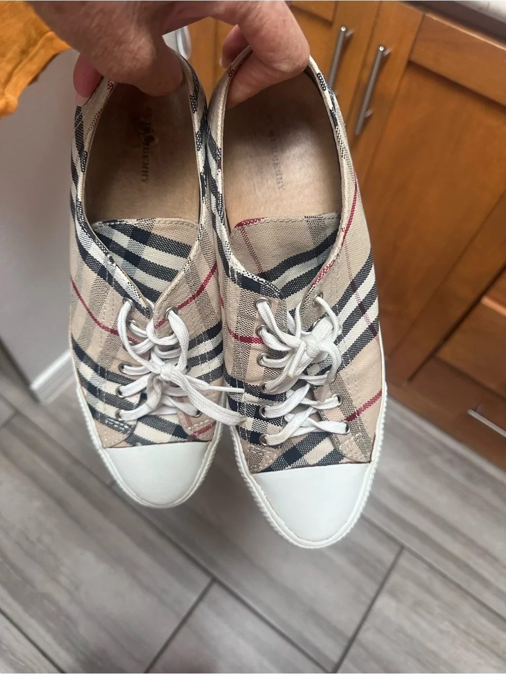 Burberry Beige Plaid Low-Top Sneakers with White Accents